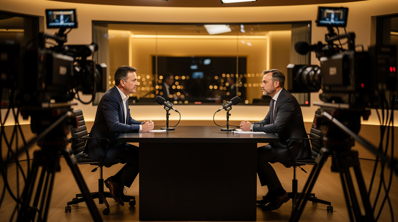 Professional interview being recorded in a modern TV studio