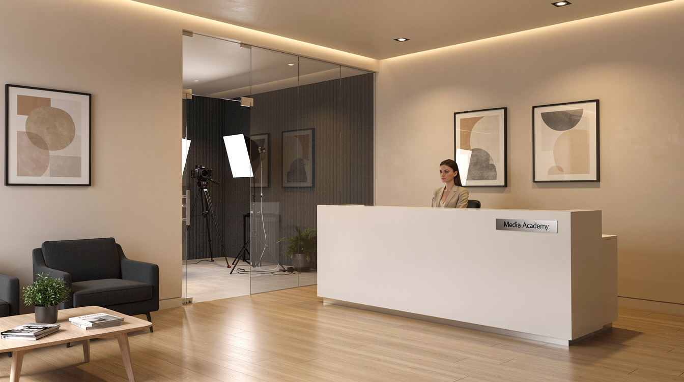 Modern reception area of a media academy with studio equipment in the background